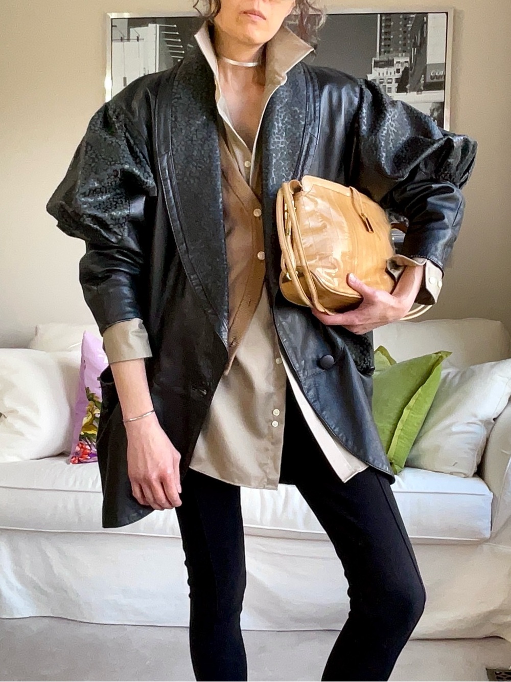 Vintage black  leather puff sleeve sueded abstract dot patterned jacket